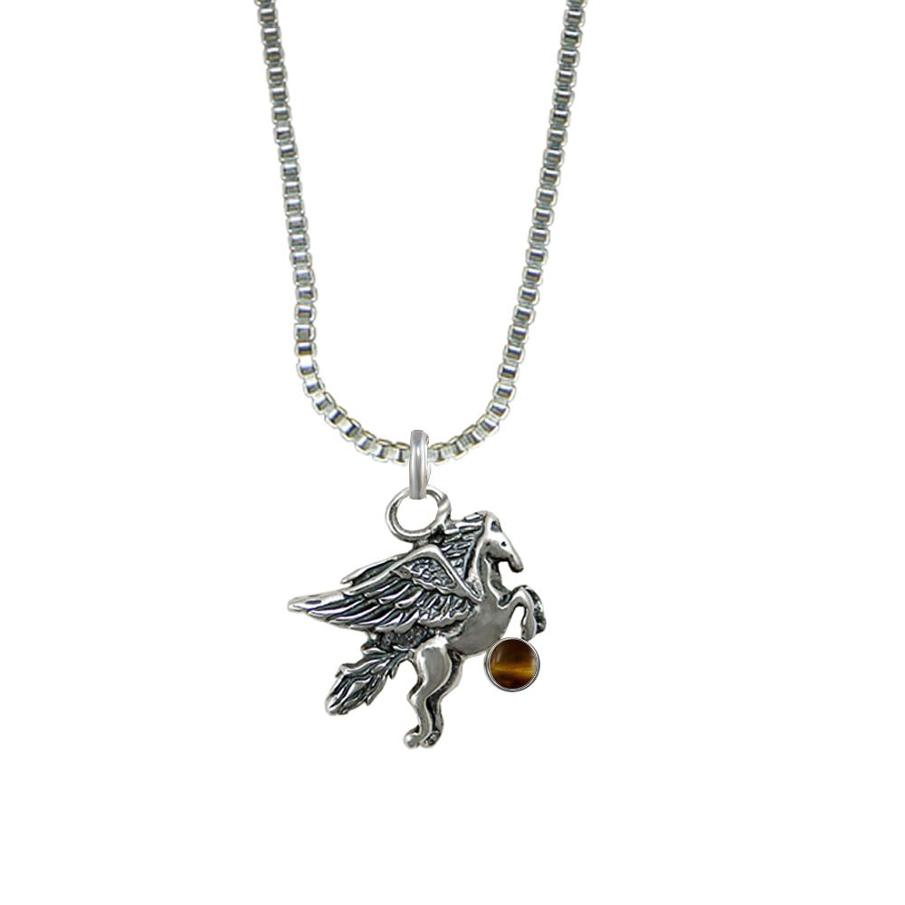 Sterling Silver Little Winged Horse Pegasus Pendant With Tiger Eye